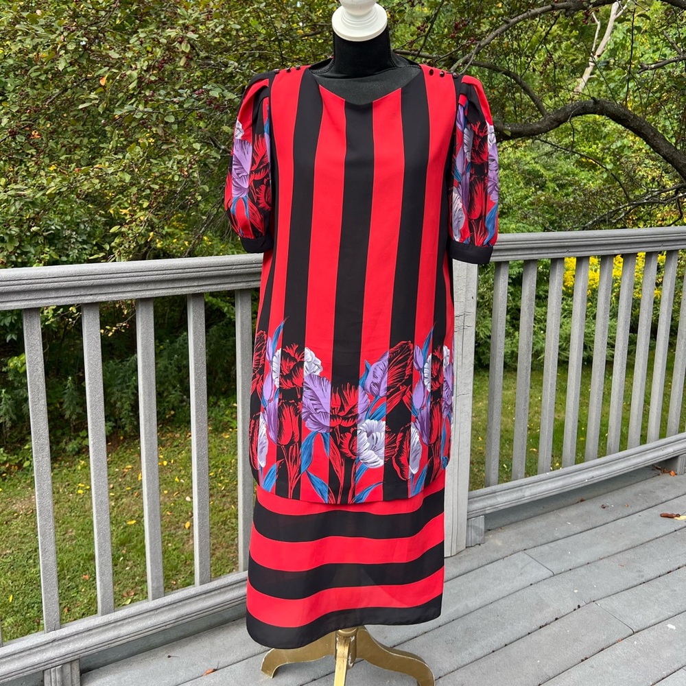 1960s Vintage Marsel Layered Shift Dress Red & Black Striped w/Purple Flowers